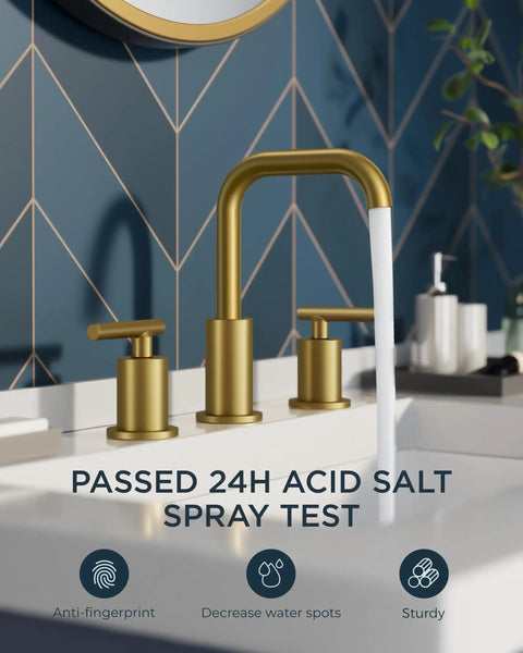 Brushed Gold Bathroom Sink Faucet, 8 Inch Widespread, 3 Hole with handles on modern vanity, water flowing from spout