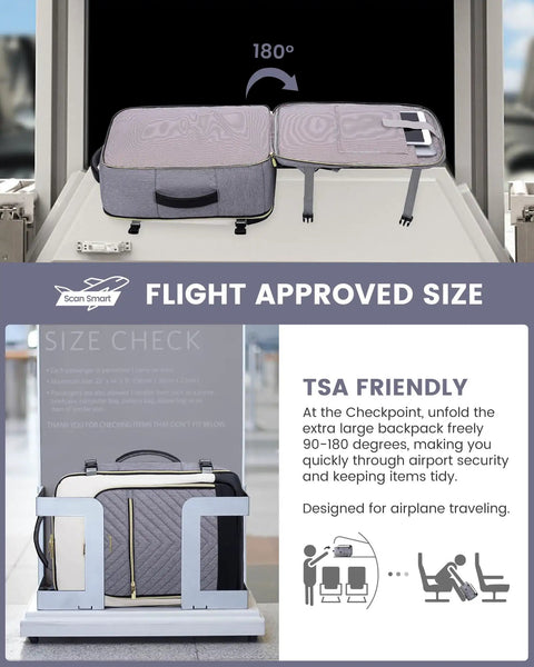 Open 40L Travel Backpack for Women with 3 Packing Cubes, TSA Approved, showing 180-degree opening for easy airport security check.