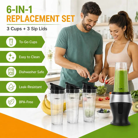 6-in-1 replacement set with two pack 18 ounce blender cups with sip n seal flip lids replacement for high power countertop blenders.