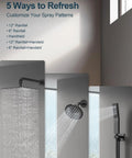 GRANDJOY Dual Rainfall Shower System, 3-Function, Matte Black featuring 12-inch and 6-inch showerheads for varied spray patterns.