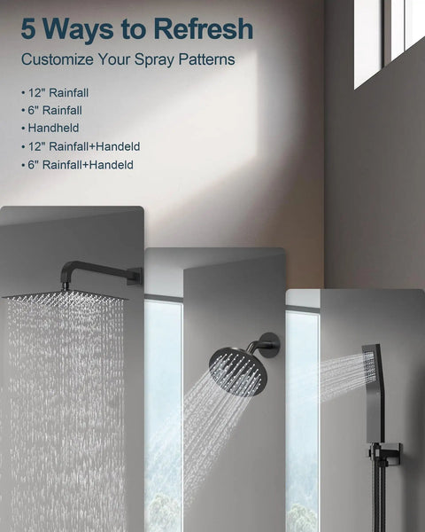 GRANDJOY Dual Rainfall Shower System, 3-Function, Matte Black featuring 12-inch and 6-inch showerheads for varied spray patterns.