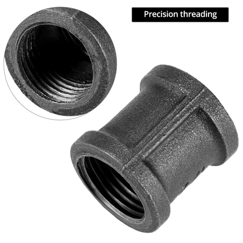 Pack Of Twenty Half Inch Iron Cast Pipe Couplings For Vintage DIY Furniture And Industrial Decor Projects, Heavy Duty Malleable Iron Fittings For Standard Threaded Pipes, Rust Resistant And Ready To Build precision threading close-up