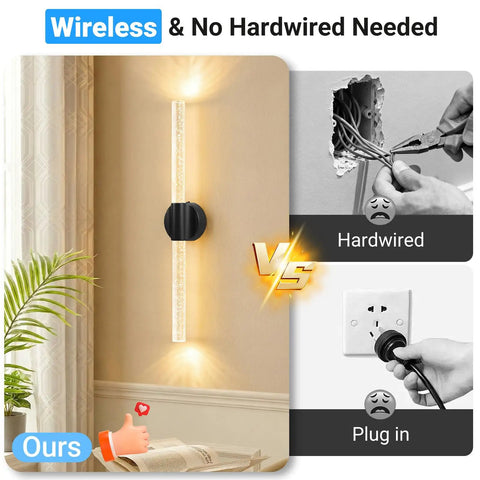 Black Battery Operated Wall Sconces Set of 2 Peel and Stick on, 20.9" shown on wall, featuring a sleek design and easy installation.