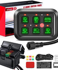 Six Gang Switch Panel With Relay And Fuse Harness For Cars Trucks Boats ATVs UTVs And SUVs Dimmable LED On Off Pod 12V DC Up To 720W Memory Settings Universal Wiring Kit 2 Years Warranty with components displayed