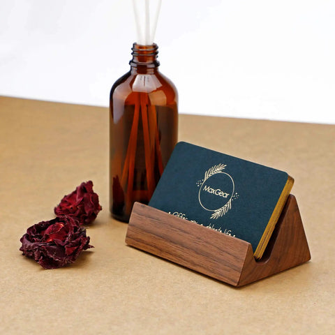 Walnut Wood Card Holder And Desk Organizer For Storing And Displaying Cards, Sleek Mountain Style Card Stand With Non Slip Base