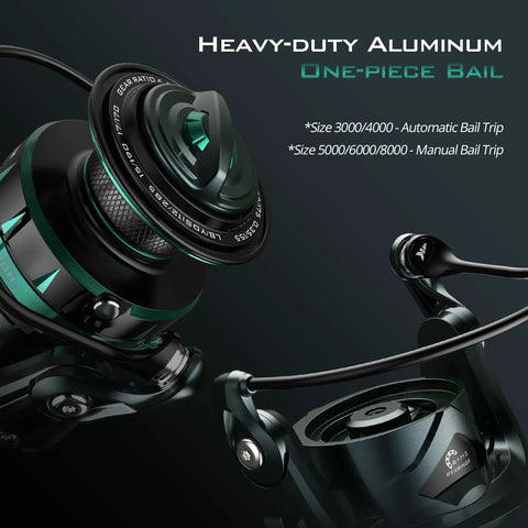 Close-up of Kapstan Elite High Speed Saltwater Spinning Reel Size 3000 for Hardcore Offshore Anglers, featuring heavy-duty aluminum bail.