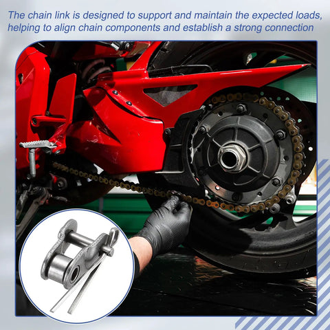 Heavy Duty ISO DIN 04B-1 Roller Chain Offset Half Link Master Connector For Bike And Scooter 6mm Pitch Manganese Steel shown in use on a motorcycle.