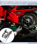 Cool Roller Chain Offset Half Link For Din 04B-1 Systems With Super Tight 6mm Pitch, Heavy Duty Manganese Steel Build, Set Of 10 Pieces, shown in use on a motorcycle.