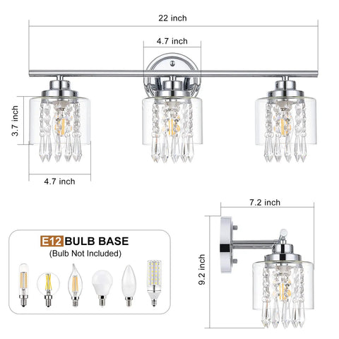 Dimensions and bulb compatibility of Lit Three Light Crystal Vanity Light Fixture For Bathroom Hallway And Bedroom With Clear Glass Shades
