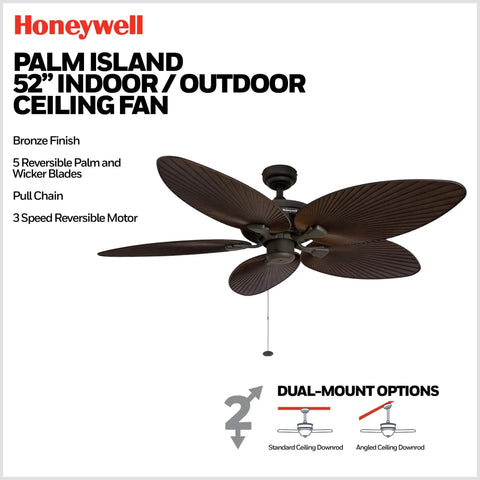 Palm Island 52 Inch Tropical Ceiling Fan With No Light For Indoor Outdoor Use, Wet Rated With 5 Palm Leaf Blades, Bronze Finish
