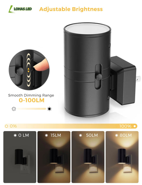 L LOHAS LED plug-in night light, black, dusk-to-dawn sensor, 0-100LM dimmable, wall-mounted, 2-pack