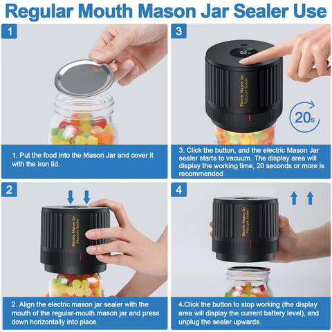 Electric Mason Jar Vacuum Sealer Kit for use on regular jars, showing step-by-step sealing with red arrow alignment for freshness