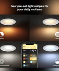 Smart Recessed 5/6 Inch LED Downlight White Ambiance for warm to cool light, app showing control options for four light settings