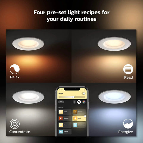 Smart Recessed 5/6 Inch LED Downlight White Ambiance for warm to cool light, app showing control options for four light settings