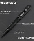 Close-up of Top Shelf Four Piece Nail And Center Punch Set With Crisp Size Etchings For 1 32 1 16 3 32 And 1 8 Inches hardened CR-V steel tool with black oxide finish.