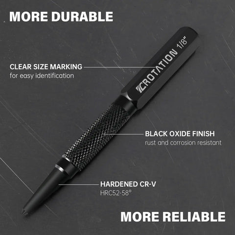 Close-up of Top Shelf Four Piece Nail And Center Punch Set With Crisp Size Etchings For 1 32 1 16 3 32 And 1 8 Inches hardened CR-V steel tool with black oxide finish.