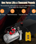 Beefy 12V DC Double Acting Hydraulic Dump Trailer Power Unit With 20 Quart Steel Reservoir showcased with operational features.