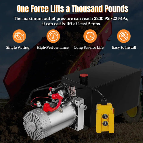 Beefy 12V DC Double Acting Hydraulic Dump Trailer Power Unit With 20 Quart Steel Reservoir showcased with operational features.
