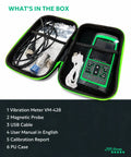Pro Grade Vibration Analyzer VM 428 With External Sensor And PC Software For Motors Pumps Turbines And Machinery Five Parameter Diagnostics ISO Rating 0.1 To 300 Meters Per Second Squared Acceleration 1 To 850 Millimeters Per Second Velocity 30 Hz To 14. in hard case with sensor, USB cable, manual, and calibration report