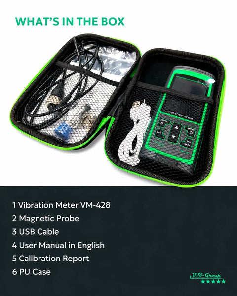 Pro Grade Vibration Analyzer VM 428 With External Sensor And PC Software For Motors Pumps Turbines And Machinery Five Parameter Diagnostics ISO Rating 0.1 To 300 Meters Per Second Squared Acceleration 1 To 850 Millimeters Per Second Velocity 30 Hz To 14. in hard case with sensor, USB cable, manual, and calibration report