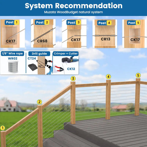 Deck railing system with wooden posts and cable railing, includes Hydraulic Crimping Tool For Cable Railing Kit With Wire Cutter.