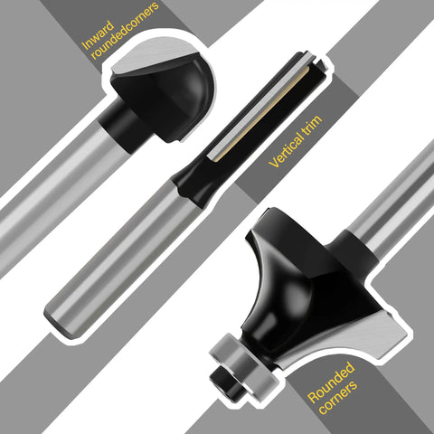 Three bits from One Quarter Inch Router Bit Set With Tungsten Carbide Tips And Black Powder Coat Finish, close-up view