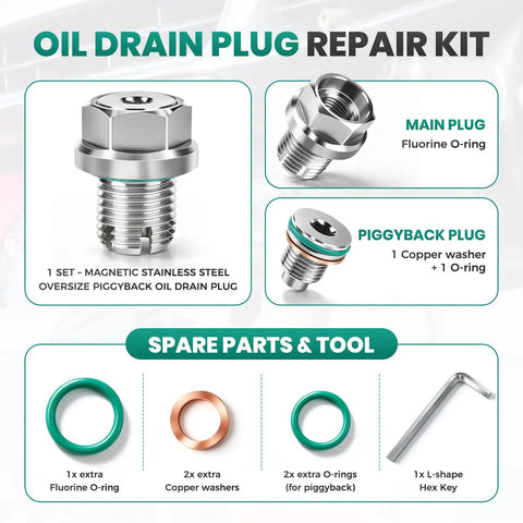 Rugged Oversize Piggyback Oil Drain Plug M12.1x1.25 Crafted From Top Notch 304 Stainless Steel Features A Wrench And Gasket Kit To Fix Stripped Threads For Serious American Rides And Off Roading Beast Machines That Need Heavy Duty Leak Proof Performance. 304 stainless steel oil drain plug repair kit with gasket, washers and hex key