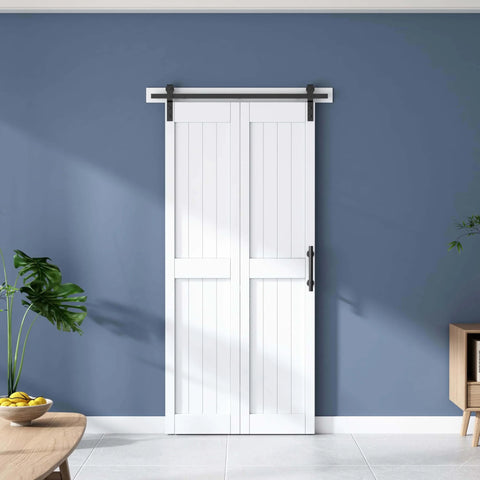 DIY Ready Space Saving Bi-Fold Barn Door Kit With Sliding Hardware, Waterproof PVC Surface, installed in living room