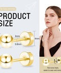 Hypoallergenic Titanium Flat Back Ball Stud Earrings For Sensitive Ears Gold Tone 5mm Ball Size, Nickel Free And Implant Grade, Simple Classic Style For Earlobes And Cartilage, Everyday Wear Jewelry, 5mm gold flat back stud with model