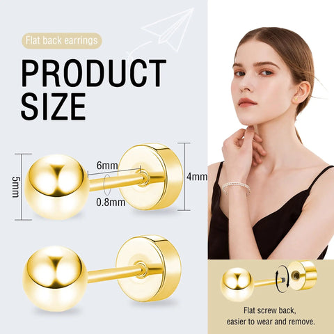 Hypoallergenic Titanium Flat Back Ball Stud Earrings For Sensitive Ears Gold Tone 5mm Ball Size, Nickel Free And Implant Grade, Simple Classic Style For Earlobes And Cartilage, Everyday Wear Jewelry, 5mm gold flat back stud with model