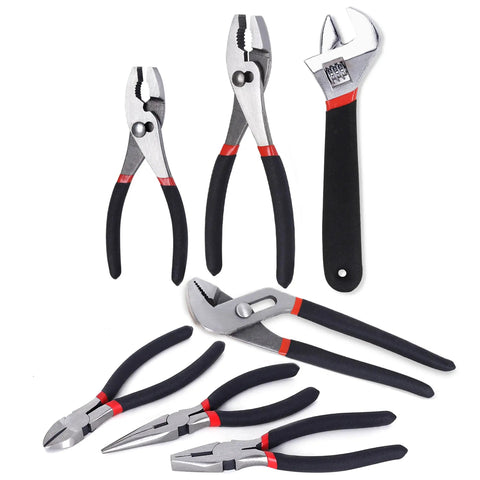 7 Piece Pliers And Wrench Set With Dipped Handles For Heavy Duty DIY Pros Includes 8 Inch Adjustable Wrench 8 Inch Groove Joint 8 Inch And 6 Inch Slip Joint Pliers 6 Inch Long Nose 6 Inch Diagonal And 6 Inch Linesman For Tough Jobs