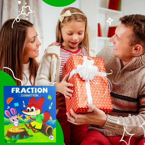 Family with child holding gift; Magnetic Fraction Tiles And Circles Set For Hands On Math Fun next to them