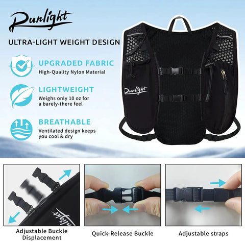 Hydration Running Vest For Men And Women With 1.5L Water Bladder Breathable Adjustable Backpack And Reflective Night Safety Strips For Hiking Trail Running Marathons And Cycling Black One Size with buckle and strap details