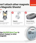 Guide showing items not to attach to adhesive backed magnetic sheets: toy figure, magnets, vacuum robot. Use metal tape instead.