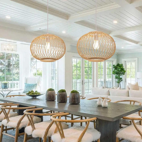 Round Bamboo Weave Pendant Light For Kitchen Island And Living Room, Coastal Boho Wicker Chandelier over dining table