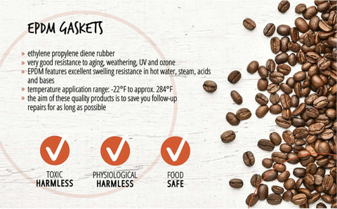 Replacement Gasket Seal Kit For Jura Impressa Coffee Machines text with coffee beans and safety icons