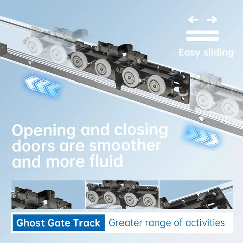 Close-up of heavy duty hidden sliding barn door hardware kit with floating wall mount invisible track, ultra quiet soft close, durable steel.