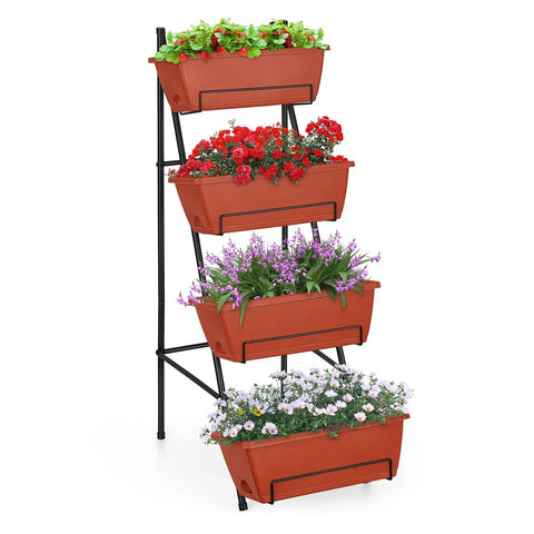 4 Tier Vertical Raised Garden Bed With Legs For Indoor And Outdoor Use, Space Saving Planter For Herbs Vegetables And Flowers, Easy Assembly, Durable Brick Red Finish displaying colorful flowers