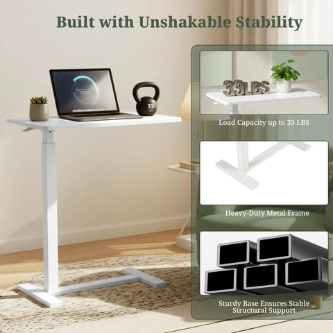 Portable Sit Stand Desk With One Press Pneumatic Lift Hidden Casters Rolling Laptop Table On Wheels White Compact Sturdy