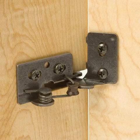 Top Shelf Semi Concealed Cabinet Door Hinges Pair Of 2 Featuring Soft Close Antique Brass Finish and Adhesive Cork Bumpers For No Sweat Frameless Or Face Frame Overlay Upgrade With Silky Smooth Silent Operation close-up on mounting.