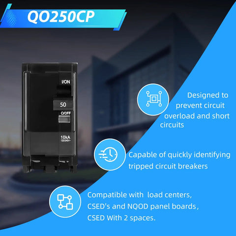 Heavy Duty 50 Amp 2 Pole Circuit Breaker With Plug In Mount And Visual Trip Indicator built tough, front view, designed for load centers.