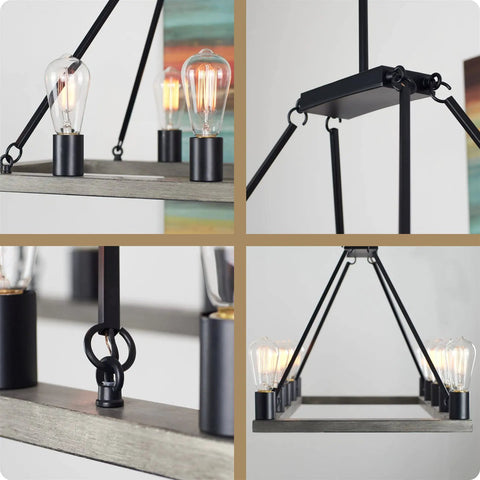 Close-up of Farmhouse Kitchen Island Light With Ten Lights Rectangular Tapered Open Frame In Gray Oak Finish Rustic Modern Pendant