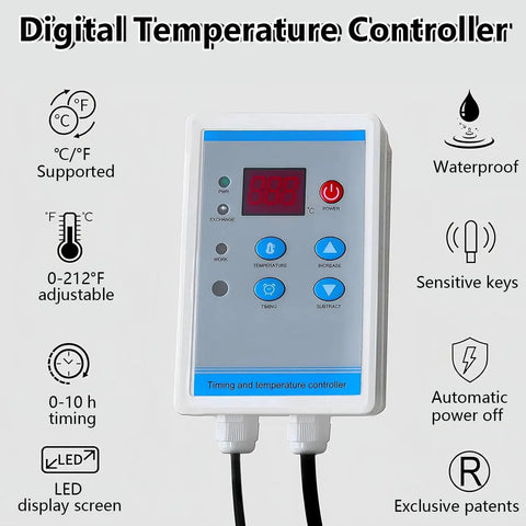 Digital temperature controller with LED display, adjustable from 0-212°F, designed for Heavy Duty Industrial Drum Heater Blanket.