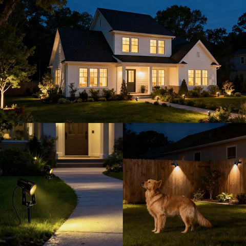 Outdoor All-Weather Landscape LED Spotlight Kit illuminating garden, pathway, and house at night