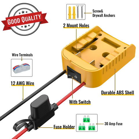 Power Wheel Adapter For 20V Battery Converter Kit features durable ABS shell, 12 AWG wire, switch, and 30A fuse