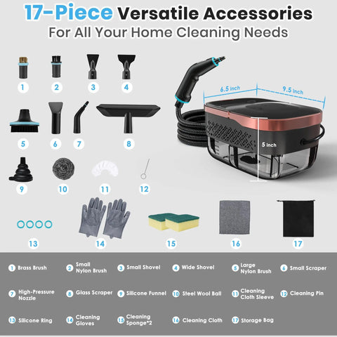 17-piece accessory kit for Powerful Portable Steam Cleaner With 15 Second Heat Up And 1250Ml Tank For Effortless Home Cleaning.