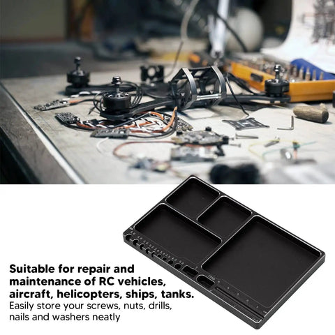 Magnetic RC Parts Tray Portable Aluminum Alloy Repair Tray With Magnetic Screw Holder Plate For Neat Organization During RC Car And Boat Fixes Axial Compatible on a cluttered workbench with RC helicopter parts.