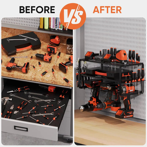 Heavy Duty Tool Organizer Rack For Garage Wall Mounted Drill Storage With Charger Shelf 100lbs Weight Capacity Easy Install Keeps Tools And Cords Neat Includes Basic Side Tool Strips