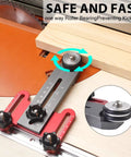 Featherboard for table saws and jigs with narrow rip guide anti-kickback bearing reversible for left or right use, shown guiding wood.