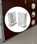 Two Pack Garage Door Bottom Lifting Brackets With 7/16 Inch Stem For Residential Use, Built Tough 13 Gauge Galvanized Steel Bottom Roller Brackets, Left And Right Set, Fasteners Not Included shown in use on a garage door.